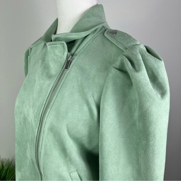 LC Lauren Conrad Moto Jacket womens size medium green zip up puff sleeve - Picture 4 of 12
